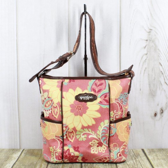 Spartina 449 Handbags - Spartina Pink Floral Canvas Brown Leather Trim Lined Shoulder Bag Size OS
